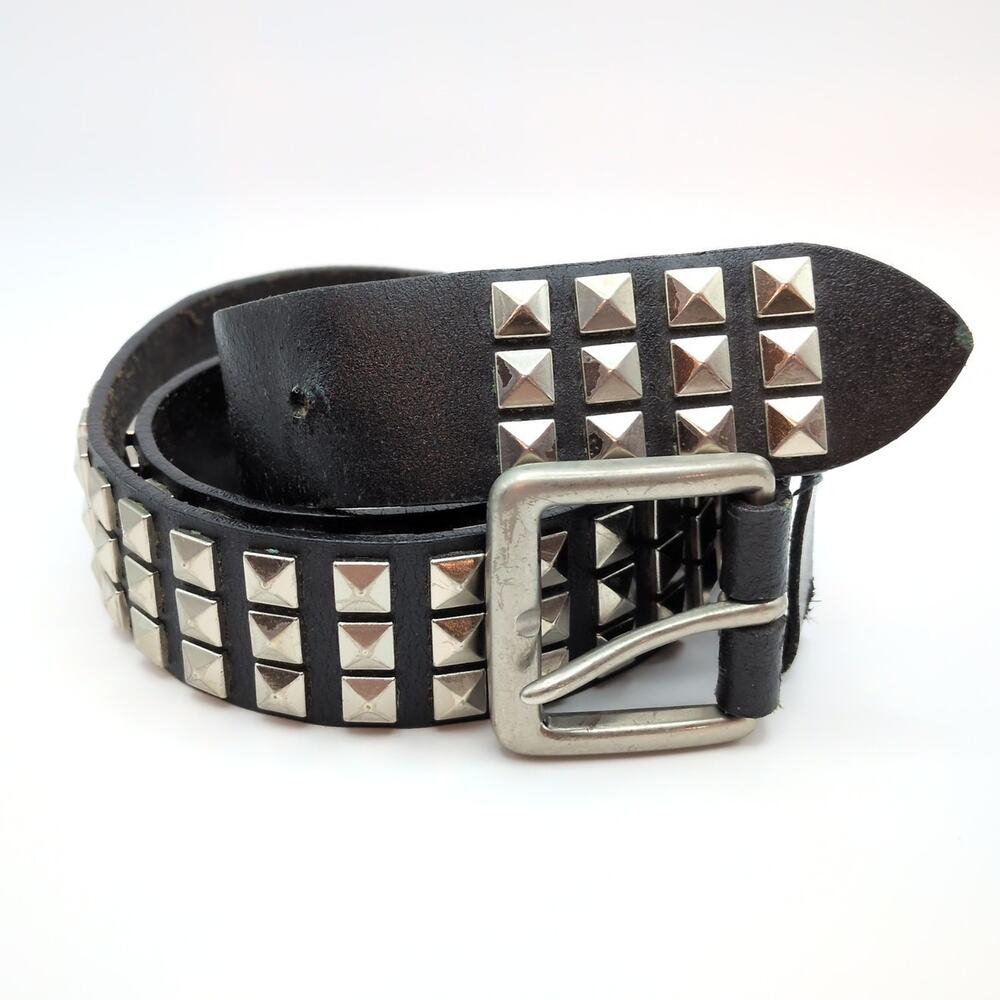 Vintage 90s Y2K Studded Genuine Leather Black Punk Emo Grunge Belt 32.5"-36.5"